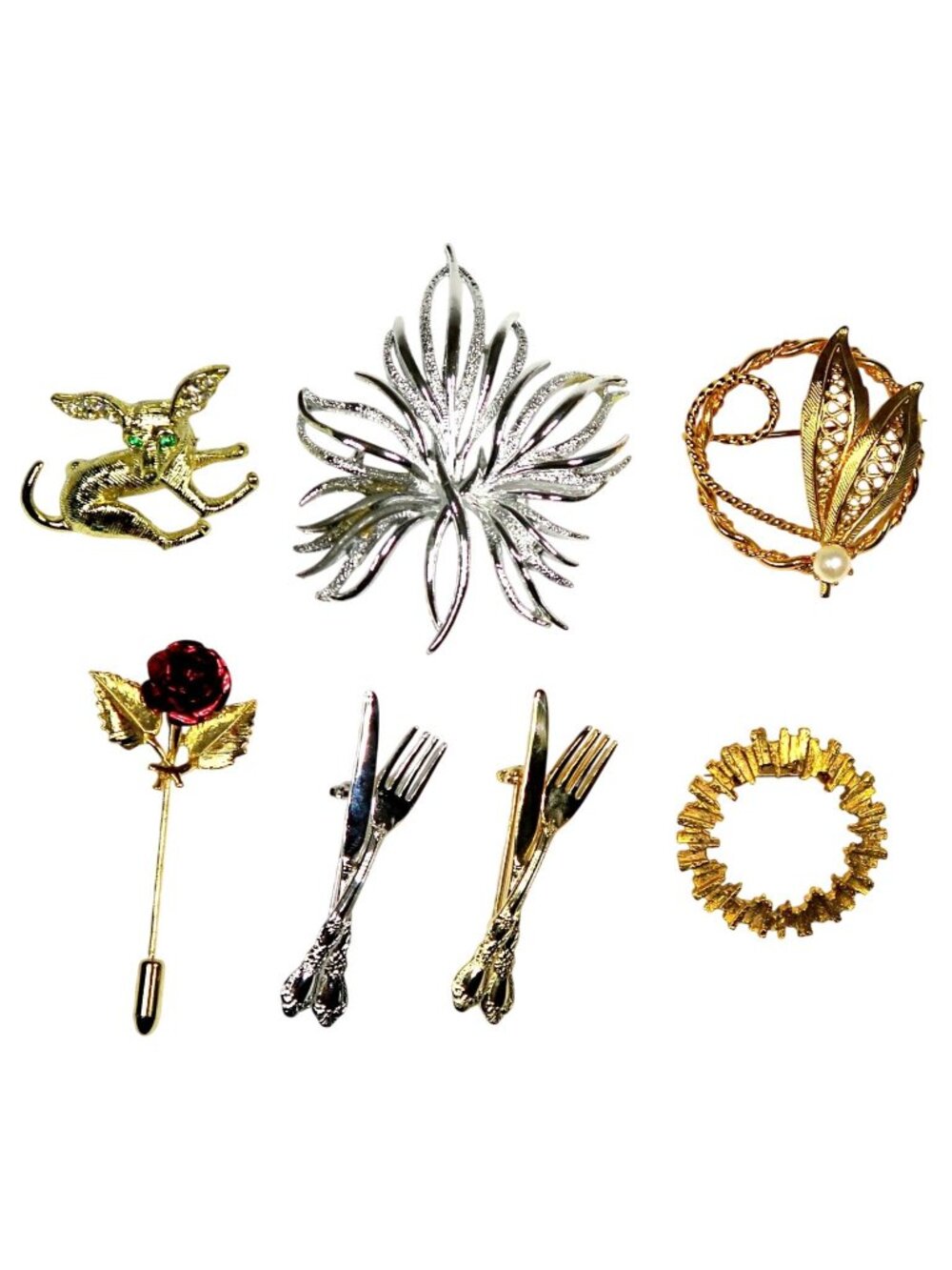 Vintage Figural Brooches Lot: Statement Pins, Fashion Jewelry, Chihuahua & Leaf
